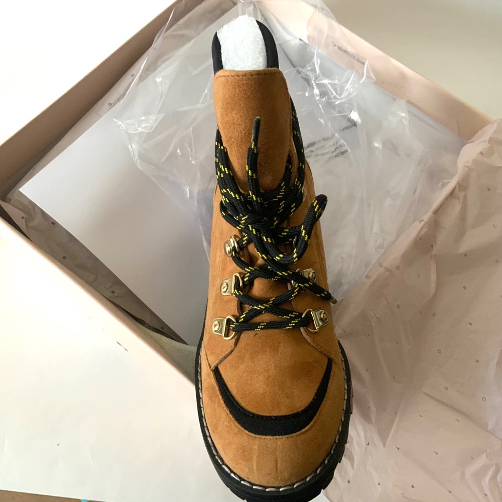 BCBGeneration Nalli Tan Suede Lace-Up Hiker Booties Brown Black Leather Boots 7 - Picture 10 of 12